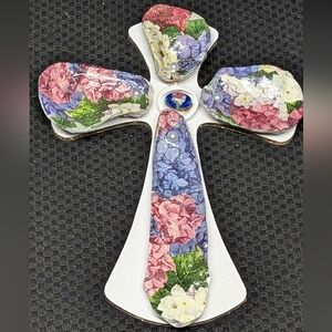 Handcrafted Shell Cross Decoupaged Hydrangeas Pearls Bead Gold Edged